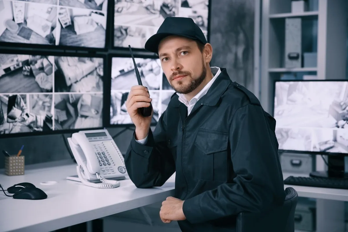 Security officer with a radio in front of CCTV screens