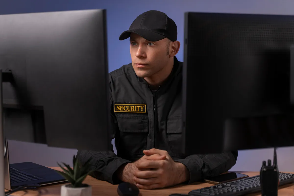 Security officer working at computer monitors