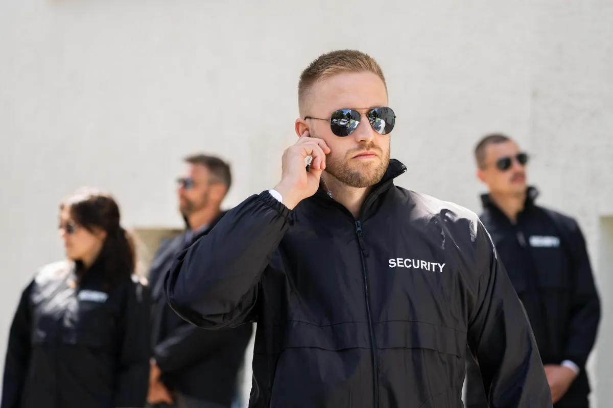 Security team communicating through an earpiece